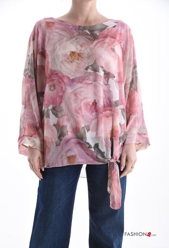 Blusa chiffon manga comprida gola redonda Floral com forro com nó - ph 1