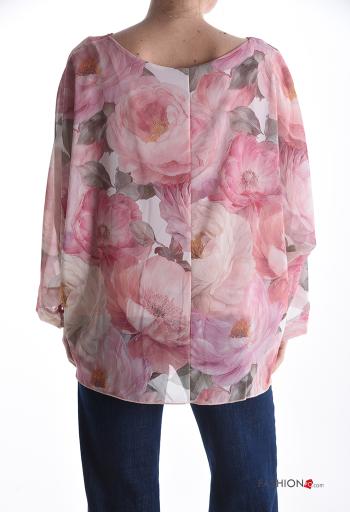 Blusa chiffon manga comprida gola redonda Floral com forro com nó - ph 2