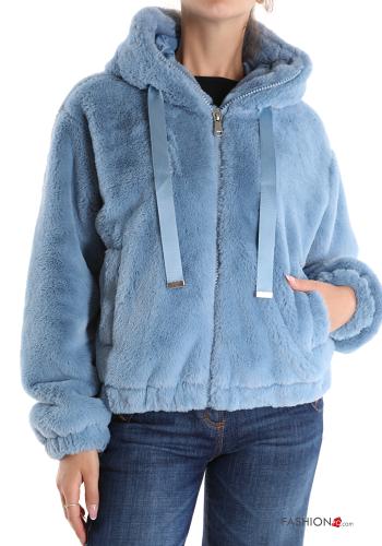 Chaqueta piel sintética con cremallera con capucha con bolsillos