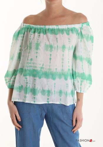 Blouse Imprimé batik manches à trois-quarts décolleté bardot - ph 1