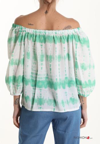 Blouse Imprimé batik manches à trois-quarts décolleté bardot - ph 2