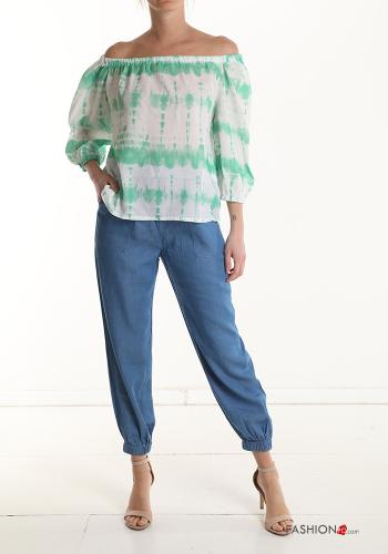 Blouse Imprimé batik manches à trois-quarts décolleté bardot - ph 5