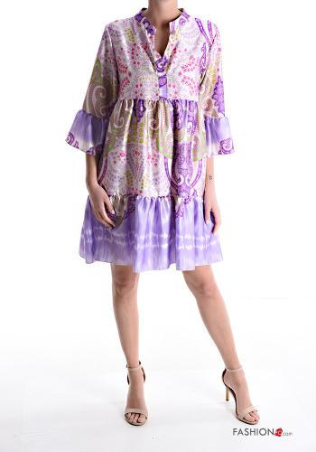 Patterned knee-length Dress 3/4 sleeve with v-neck with flounces with buttons - ph 1