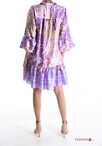 Patterned knee-length Dress 3/4 sleeve with v-neck with flounces with buttons - ph 2