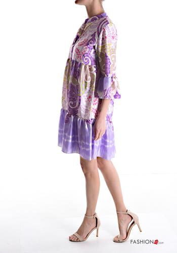 Patterned knee-length Dress 3/4 sleeve with v-neck with flounces with buttons - ph 3