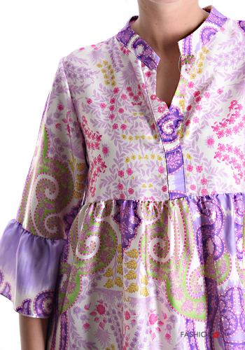 Patterned knee-length Dress 3/4 sleeve with v-neck with flounces with buttons - ph 4