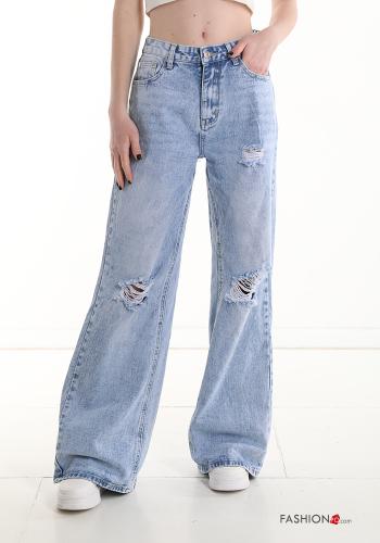 wide leg ripped Cotton Jeans with pockets