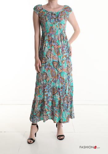 Jacquard print short sleeve long Cotton Dress with flounces