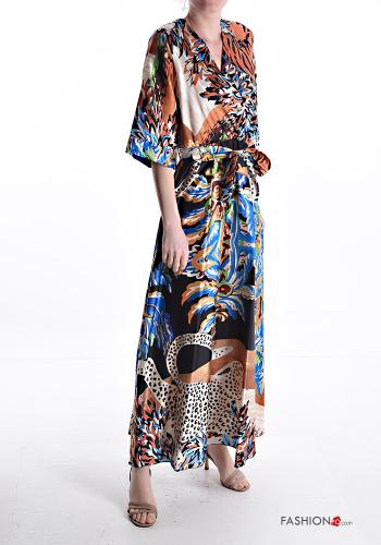 long Dress with fabric belt 3/4 sleeve with v-neck - ph 1