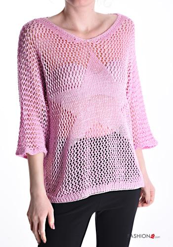 Maglione lurex a rete maniche a tre quarti