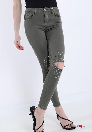 Jeans in Cotone con bottoni con borchie con zip con tasche