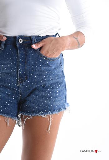 denim Cotton Shorts with buttons with pockets with rhinestones with zip - ph 4