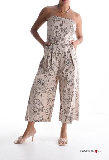 Besticktes Muster ärmellos rückenfrei wide leg Overall aus Baumwolle mit Gürtel mit Taschen - ph 1