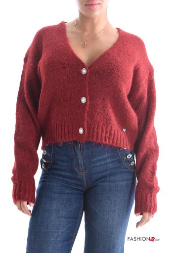 Gilet en Mélange de Laine manches longues à boutons avec des perles à col en V