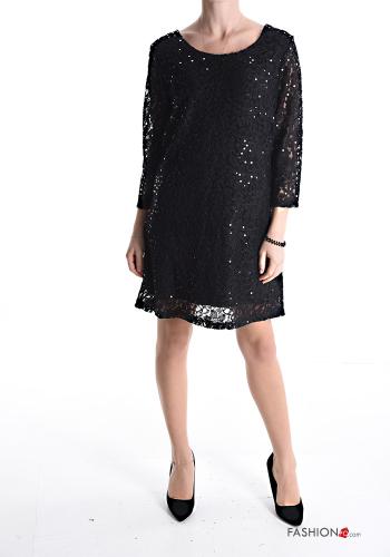 Vestido renda pelo joelho com lantejoulas manga três quartos - ph 1