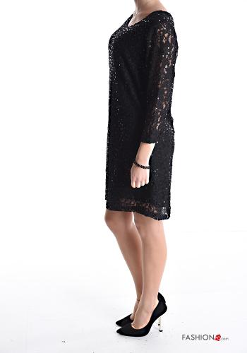 Vestido renda pelo joelho com lantejoulas manga três quartos - ph 3