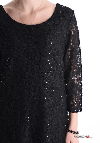 Vestido renda pelo joelho com lantejoulas manga três quartos - ph 4