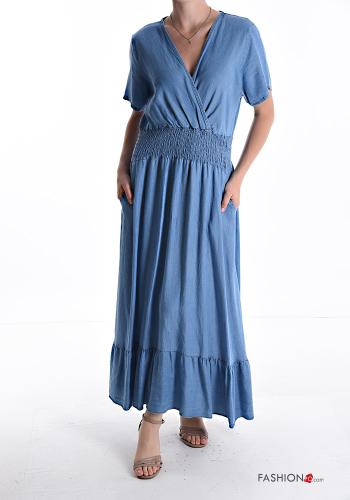 Abito denim maniche corte con elastico con balze scollo a V - ph 1