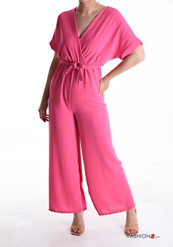 short sleeve Jumpsuit with v-neck with sash - ph 1