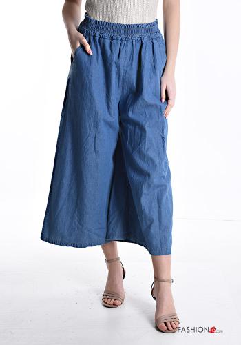 denim wide leg Cotton Trousers with pockets with elastic