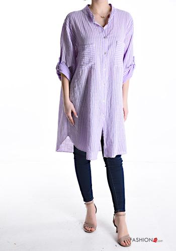 Chemise en Coton longue Imprimé à rayures manches à trois-quarts avec poches à boutons avec fonte - ph 1