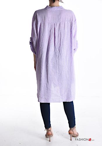 Chemise en Coton longue Imprimé à rayures manches à trois-quarts avec poches à boutons avec fonte - ph 2