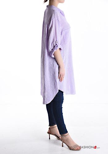 Chemise en Coton longue Imprimé à rayures manches à trois-quarts avec poches à boutons avec fonte - ph 3
