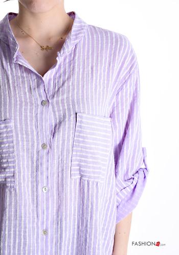 Chemise en Coton longue Imprimé à rayures manches à trois-quarts avec poches à boutons avec fonte - ph 4