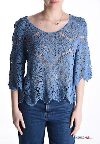 Maglione in Cotone uncinetto girocollo Fantasia ricamata maniche a tre quarti - ph 1