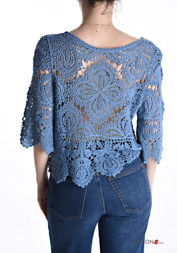 Maglione in Cotone uncinetto girocollo Fantasia ricamata maniche a tre quarti - ph 2