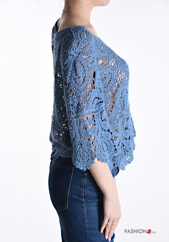 Maglione in Cotone uncinetto girocollo Fantasia ricamata maniche a tre quarti - ph 3