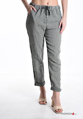 Pantalone in Cotone Fantasia righe con tasche con coulisse