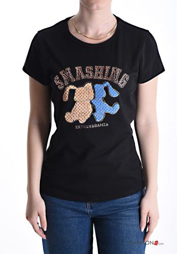 Patterned Cotton T-shirt with rhinestones