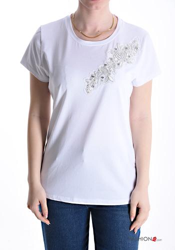 T-shirt aus Baumwolle mit Perlen mit Strasssteinen
