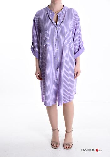 Striped knee-length Cotton Shirt dress with pockets 3/4 sleeve
