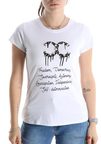 Lettering print Cotton T-shirt with pearls with rhinestones