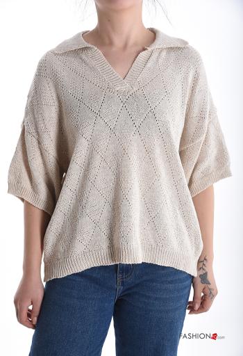 Pull en Coton manches courtes à collet à broderie