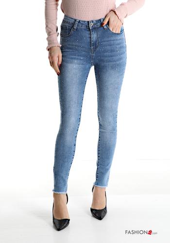 Jeans in Cotone vita alta skinny con tasche con strass - ph 1