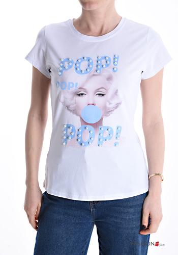 T-shirt in Cotone maniche corte girocollo Fantasia stampata con perle