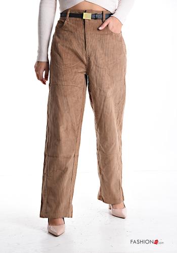 Samt wide leg Gerippte hoher Taille Hose aus Baumwolle mit Gürtel mit Taschen mit Knöpfen - ph 1