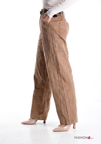 Samt wide leg Gerippte hoher Taille Hose aus Baumwolle mit Gürtel mit Taschen mit Knöpfen - ph 3
