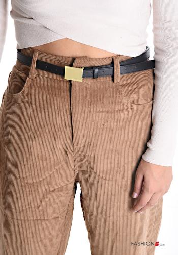 Samt wide leg Gerippte hoher Taille Hose aus Baumwolle mit Gürtel mit Taschen mit Knöpfen - ph 4