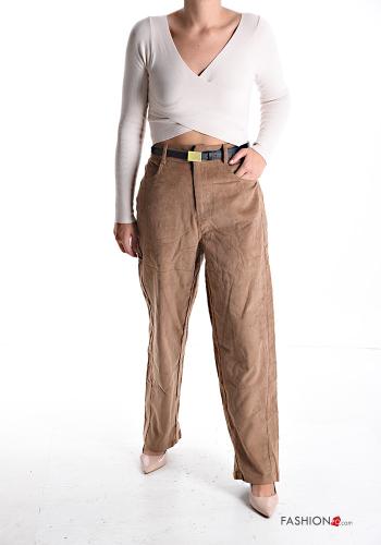 Samt wide leg Gerippte hoher Taille Hose aus Baumwolle mit Gürtel mit Taschen mit Knöpfen - ph 5