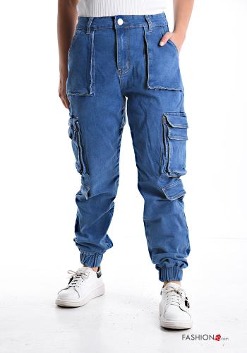 Jeans en Coton avec poches à boutons avec élastique avec fermeture éclair - ph 1