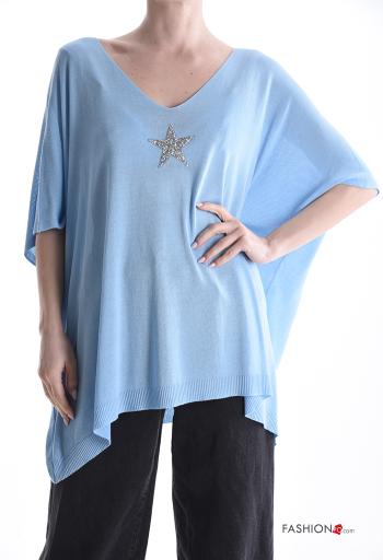 Maglione oversize maniche a tre quarti scollo a V con strass