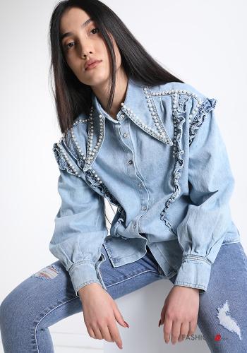 Shirt in Cotton  with flounces with pearls denim - ph 1