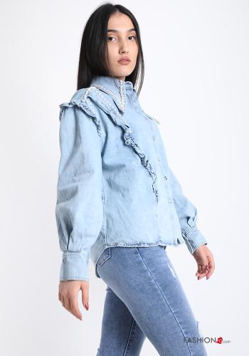 Shirt in Cotton  with flounces with pearls denim - ph 2
