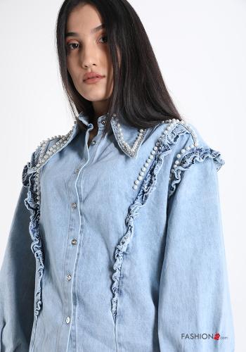 Shirt in Cotton  with flounces with pearls denim - ph 3