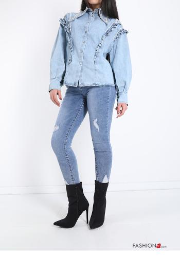 Shirt in Cotton  with flounces with pearls denim - ph 4