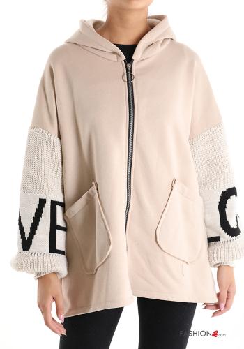 Aufschriftes Muster Jacke aus Baumwolle mit Taschen mit Kapuze mit Reißverschluss - ph 1